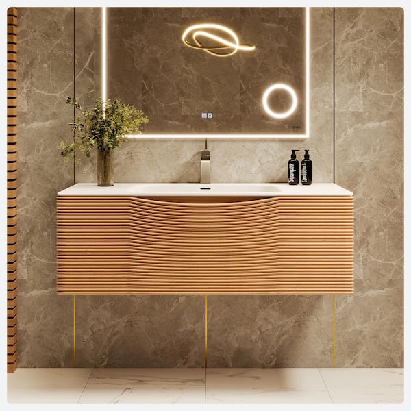 Leah 39 in. Single Sink Floating Medium Oak Bath Vanity with White Solid Surface Top (Assembled)