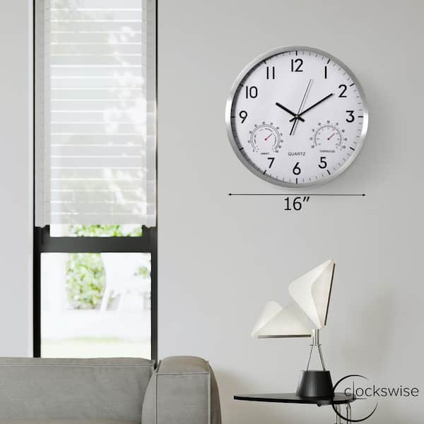 CLOCKSWISE 16 in. Non-Ticking Silver Wall Clock with Thermometer