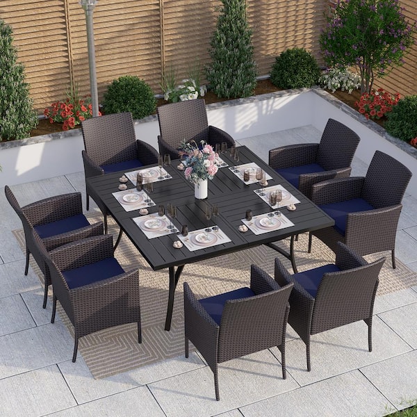 PHI VILLA Black 9-Piece Metal Patio Outdoor Dining Set with Slat Square Table and Rattan Chairs with Blue Cushion