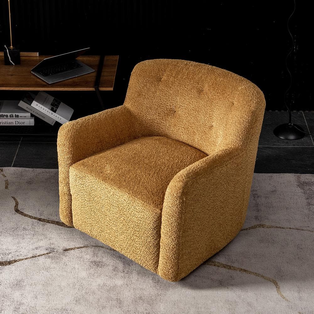 Camel Chenille Upholstered Swivel Barrel Accent Chair