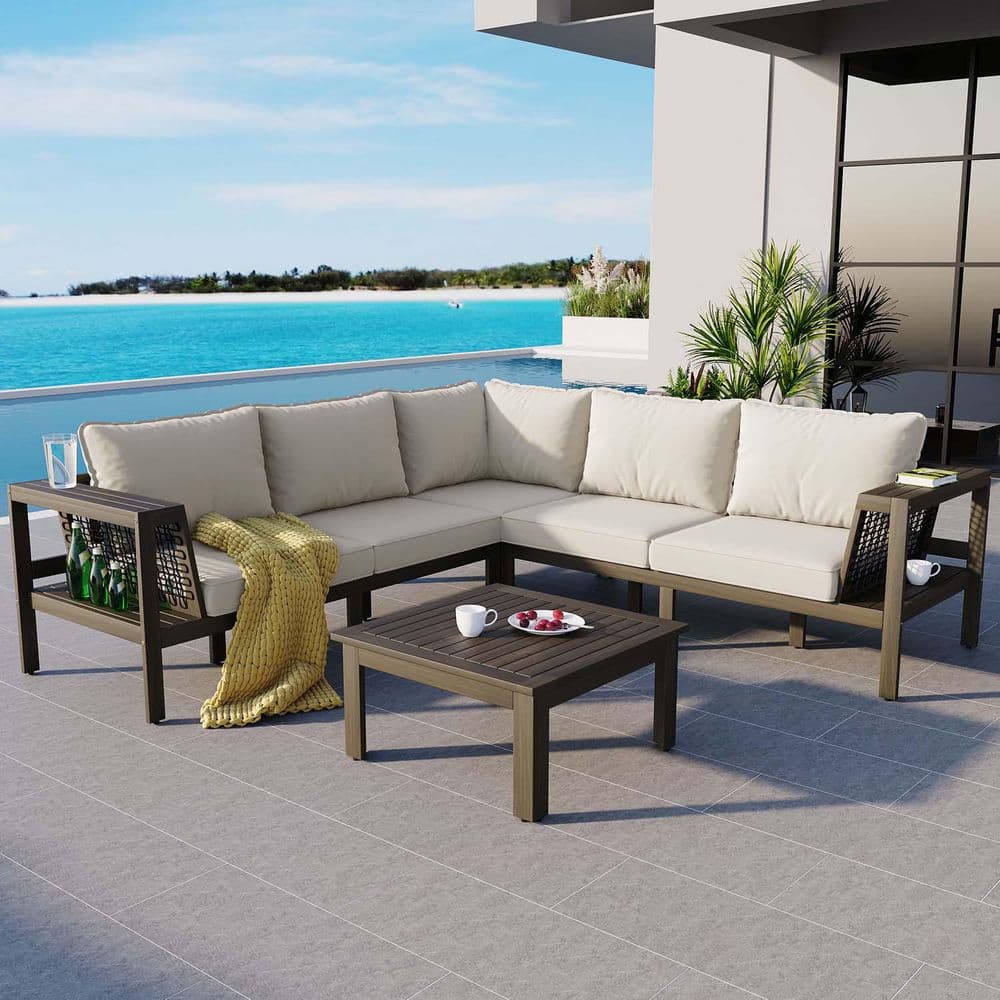 4-Piece Wood Patio Conversation Set with Beige Cushions, L-Shaped Patio ...