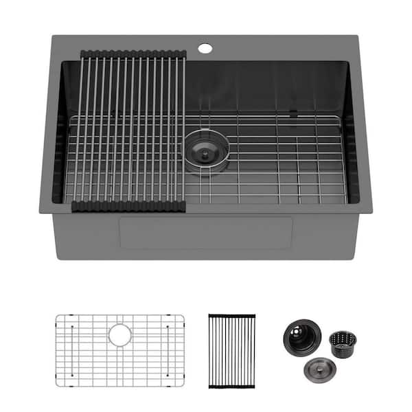 30 in. Drop-In/Topmount Single Bowl 16-Guage Gunmetal Black Stainless Steel Kitchen Sink with Bottom Grid