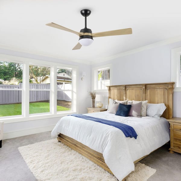 52 in. Black Indoor Standard Downrod Mount LED Ceiling Fan with Light and Remote 3 Brown Blades