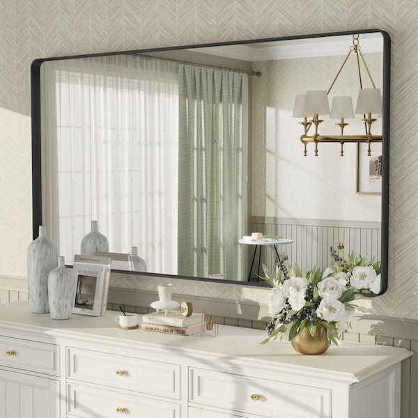 55 in. W x 30 in. H Rectangular Tempered Glass and Aluminum Alloy Framed Wall Bathroom Vanity Mirror in Matte Black