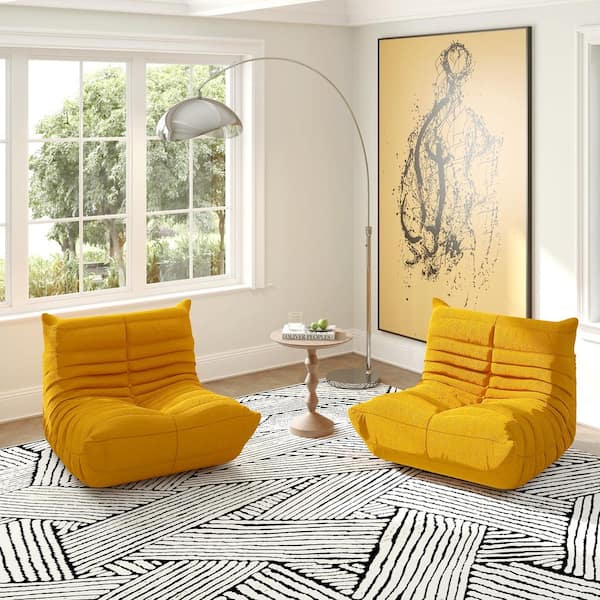 Set of 2 Yellow Teddy Velvet Polyester 34 in. Fireside Lazy Sofa Bean Bag Chair Rebound Sponge Lounge Floor Sofa