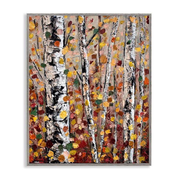 Autumn Birch Trees Abstract Leaves by Jen Seeley 1-Piece Gray Framed Nature Giclee Art Print 14 in. x 11 in.