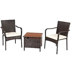 3 Piece Wicker Patio Outdoor Bistro Set Conversation Set with Beige Cushions and Umbrella Hole