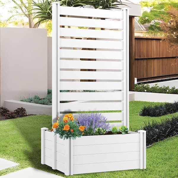 71 in. x 24 in. x 35 in. White PVC Planter Box with Attached Trellis for Climbing Vegetation