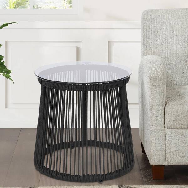 Tatayosi 15.5in. Round Black Woven Rope Moonstone Side Table