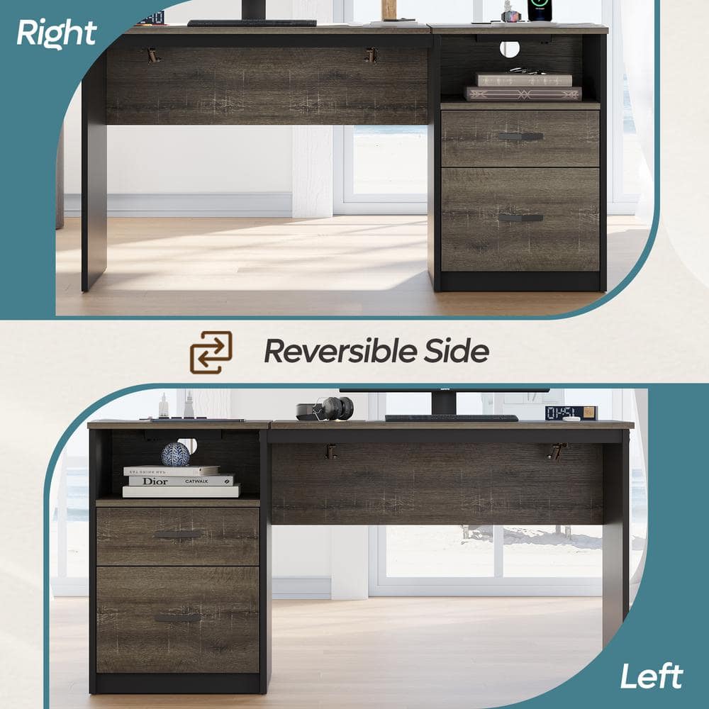 Rustic Brown Adjustable Height Computer Desk with Power Outlets and Drawers