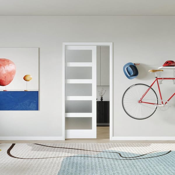 32 in.x 80 in.White Primed Composite and 5 Lite Frosted Glass Pocket Door Include Soft Close, Frame and Hardware Kit Set