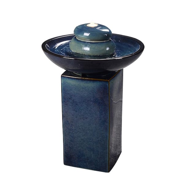 Blue Ceramic Fountain with Submersible Pump and Warm White LED Lights