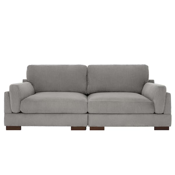 Uixe 90.6 in. Square Arm Corduroy Fabric Rectangle Upholstered 2-Seater Sofa in. Light Gray with Wood Frame