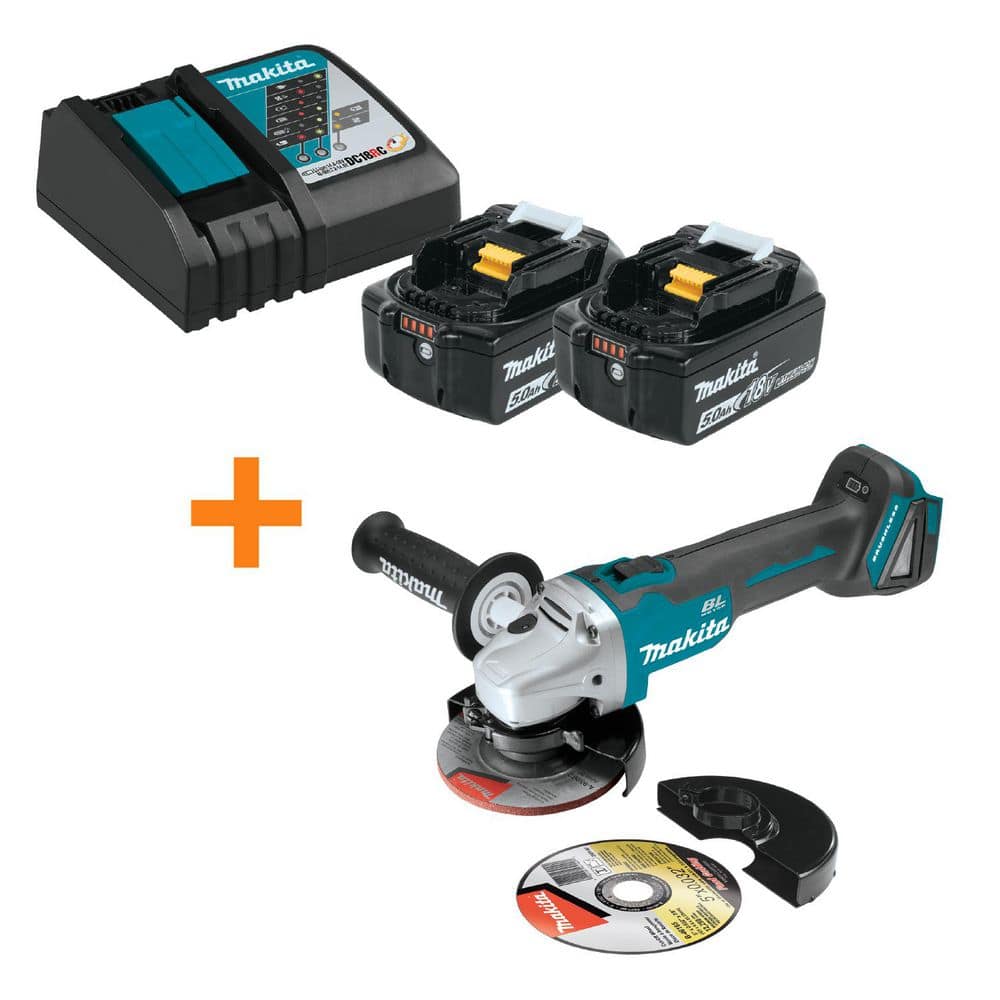 Makita 18-Volt LXT Lithium-Ion Battery and Rapid Optimum Charger Starter Pack (5. 0Ah) with 18V LXT Brushless Angle Grinder
