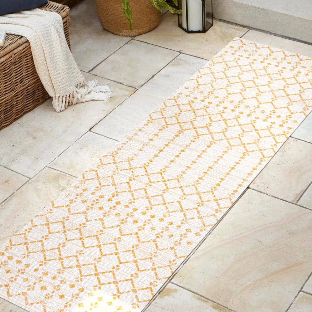 Cream and Yellow Geometric Flat Woven Runner Rug