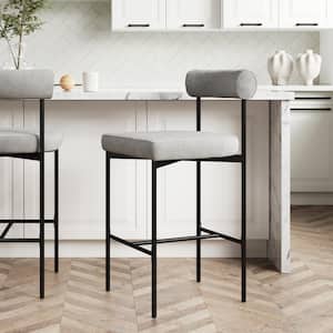 Dahlia 26 in. Mid-Century Modern Black Metal Counter Height Bar Stool with Low Back, and Light Gray Fabric Seat Cushions