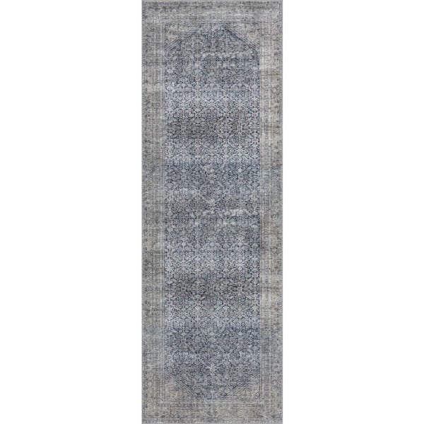 Calyra Vintage and Distressed Washable Area Blue 3 ft. x 8 ft. Indoor Runner Rug