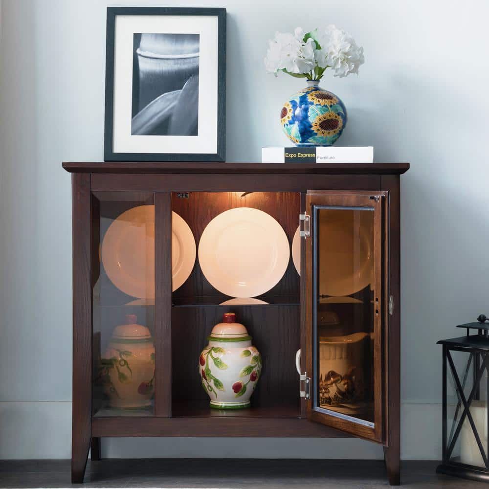 Chocolate Oak Lighted Entryway Curio Cabinet with Glass Shelf