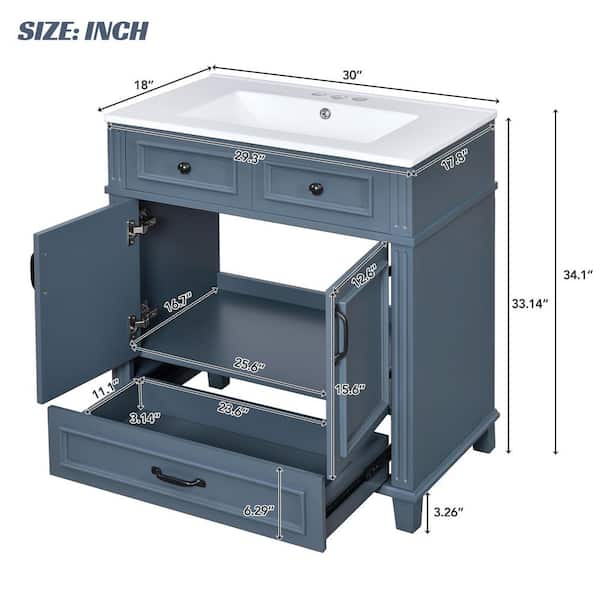 Retro Style 30 in. W Single Sink Bath Vanity in Blue with White Ceramic Top, Soft Closing Doors