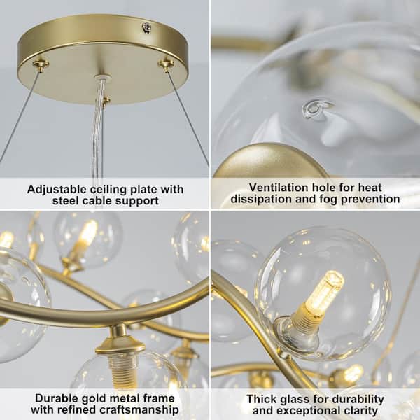 TinHon Modern 19-Light Gold Bubble Glass Chandelier, Wave-Shaped