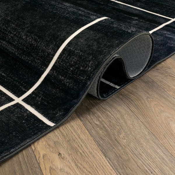 Windowpane Grid Black Machine Washable Non-Slip Backing Area Rug 2' x 12' Black