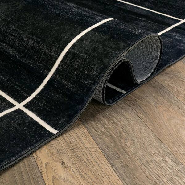 Windowpane Grid Black Machine Washable Non-Slip Backing Area Rug 6' x 9' Black
