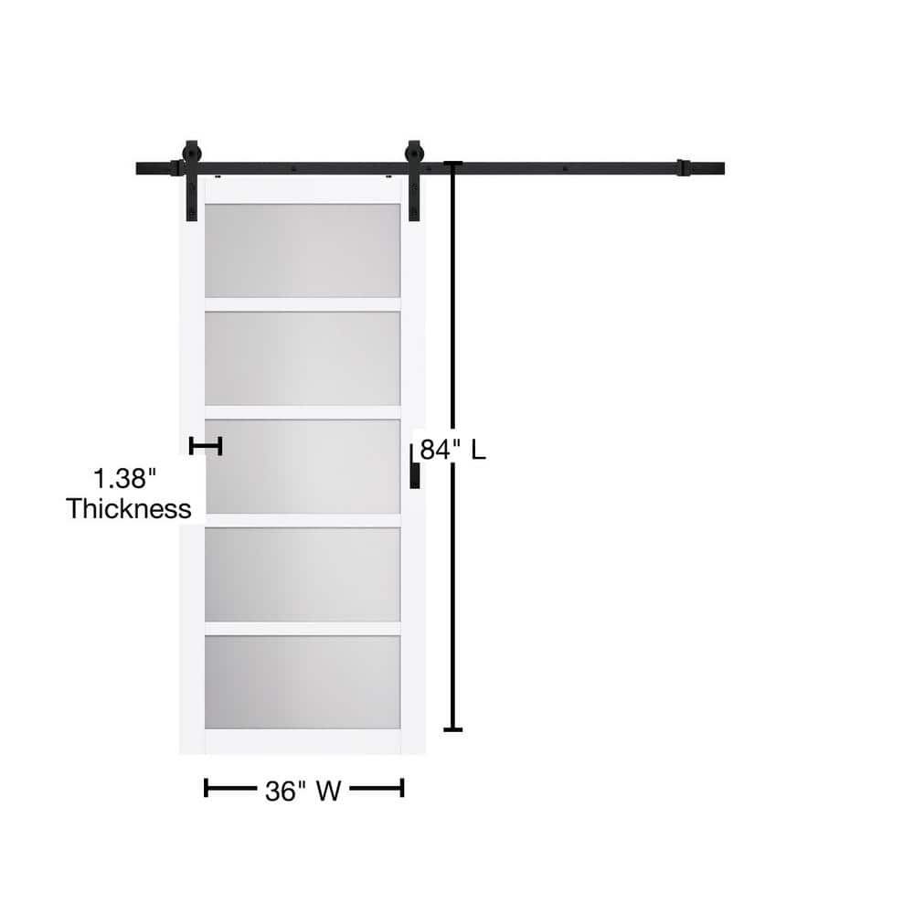 White 36" 5-Lite Frosted Glass and Wood Barn Door
