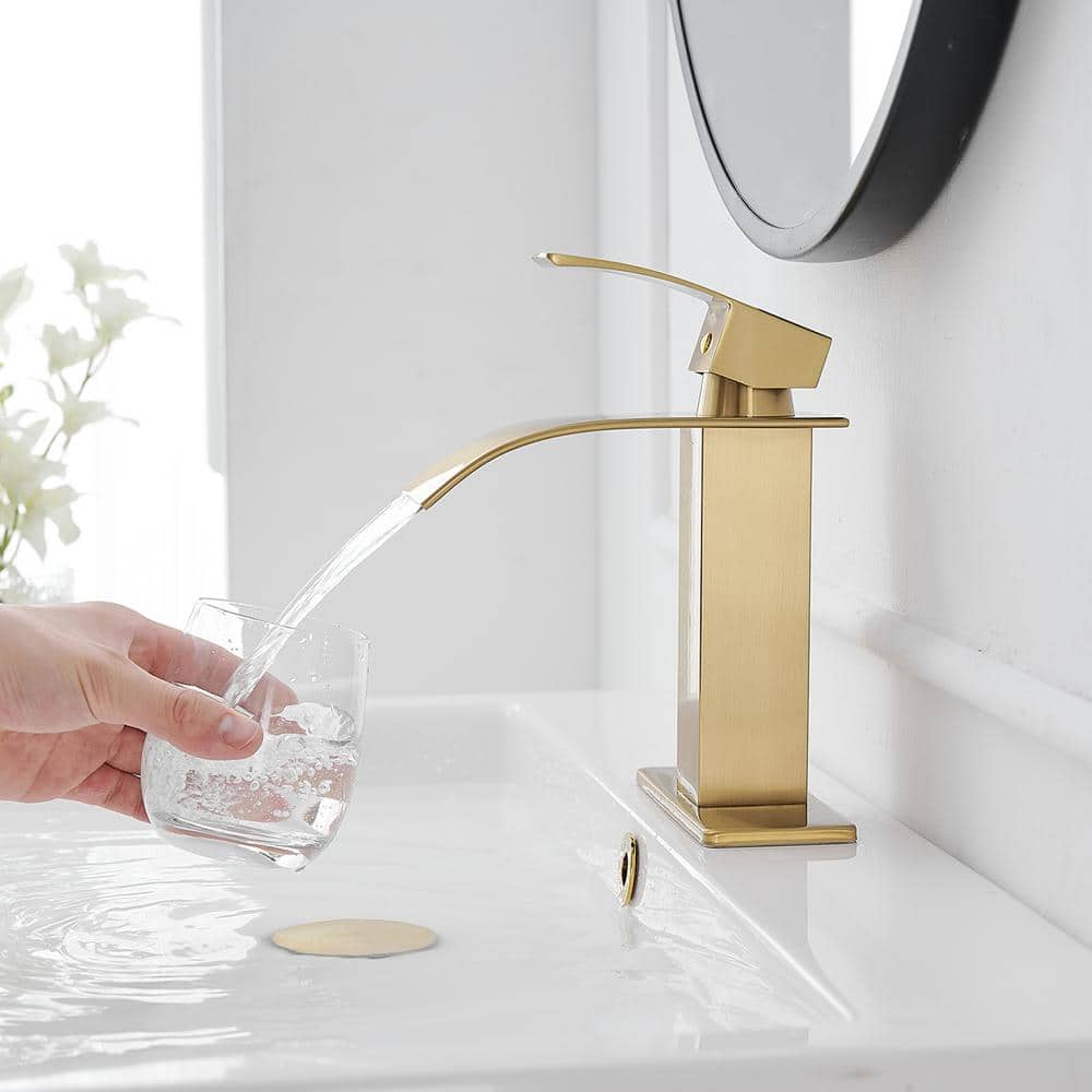 Brushed Gold Single Handle Low-Arc Bathroom Faucet with Drain