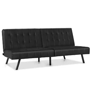 70 in. Width 4 Seats Black Solid Cotton Twin Size Sofa Bed PU Leather Convertible Folding Couch Sleeper Lounge