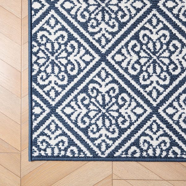 Washable Skid-Resistant  Dusty Navy/Ivory  2 ft. x 4 ft.  All Loop Tufted Area Rug