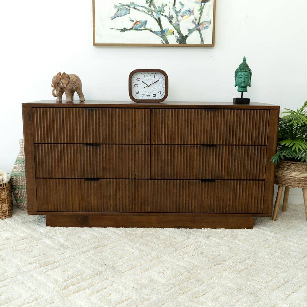 Walnut Brown Mid-Century Modern Solid Wood 6-Drawer Dresser