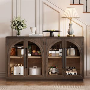 Retro 60 in. Espresso Black Rectangle Wood Console Table with Arched Glass Doors and Adjustable Shelves