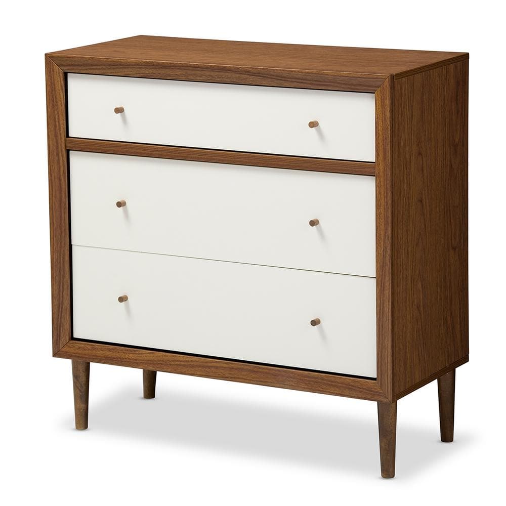 Harlow White and Walnut Mid-Century Modern 3-Drawer Chest