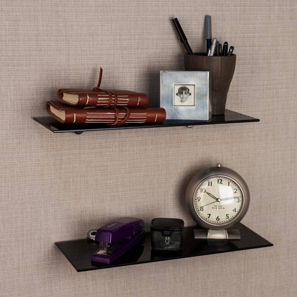 Modern Black Glass 20" Floating Wall Shelf Set with Chrome Brackets