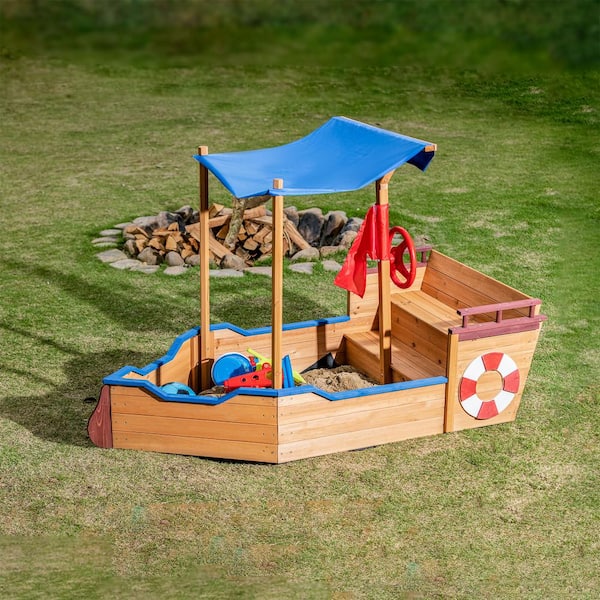 GOGEXX 63 in. x 31 in. Wooden Sandbox Pirate Ship with Storage Bench Seat Game House Outdoor Beach Camping Play Toy for Kids