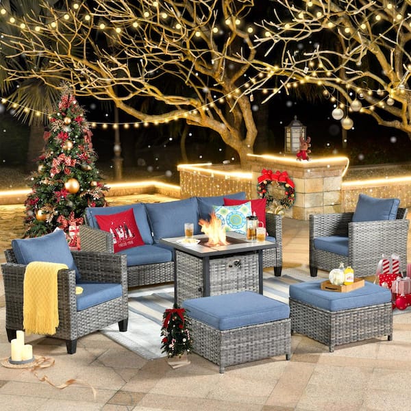 XIZZI Megon Holly 6-Piece Wicker Outdoor Patio Fire Pit Seating Sofa Set with Denim Blue Cushions