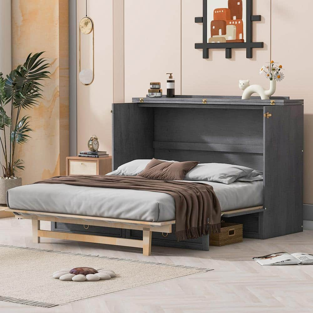 Gray Wood Frame Queen Murphy Bed with Faux Drawer Cabinet Design, Space-Saving Bed with Large Drawer for Small Spaces -  Harper & Bright Designs, QMY351AAE-Q