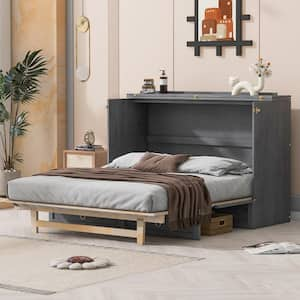 Gray Wood Frame Queen Murphy Bed with Faux Drawer Cabinet Design, Space-Saving Bed with Large Drawer for Small Spaces