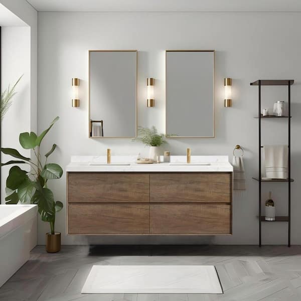 Bessdore 72 in. Double Sinks Floating Vintage Oak Brown Bath Vanity with White Engineered Stone Top