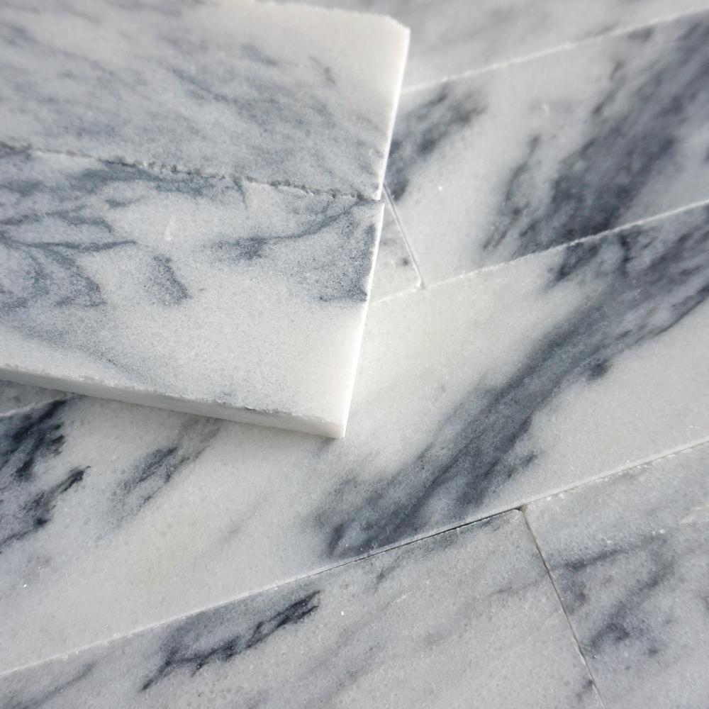 MOLOVO Natural White and Blue 1.89 in. x 7.8 in. Subway Polished