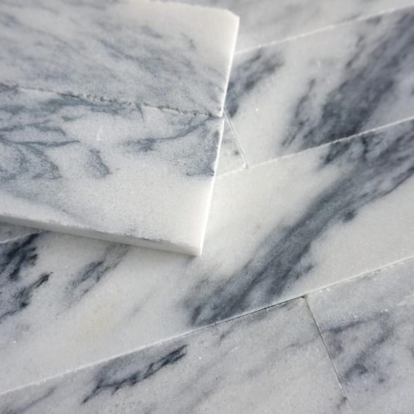 MOLOVO Natural White and Blue 1.89 in. x 7.8 Subway Polished