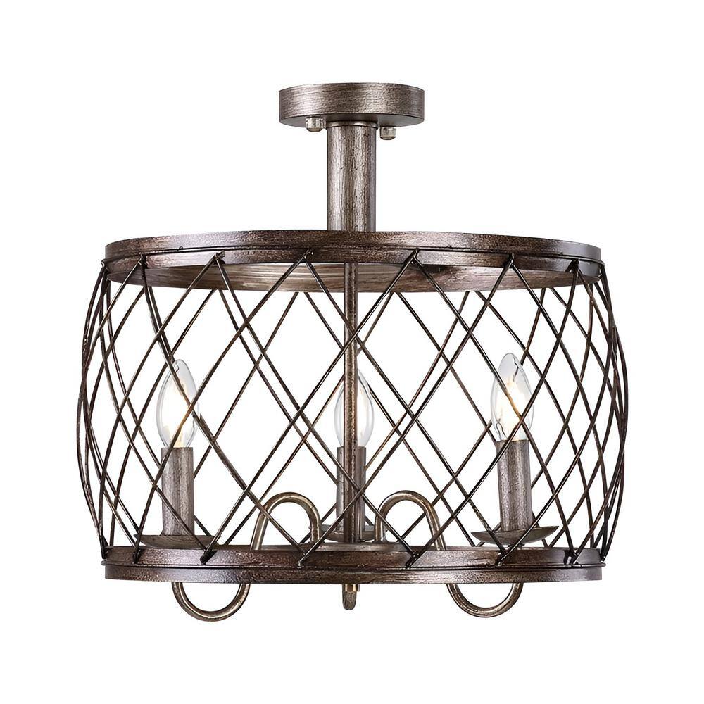 Decomus 15.7 in. 3-Light Aged Silver Semi-Flush Mount With Mesh Metal Shade