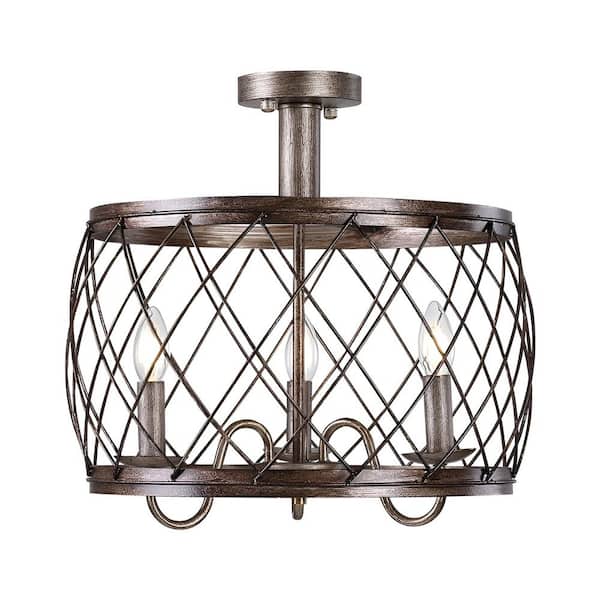 Unbranded Decomus 15.7 in. 3-Light Aged Silver Semi-Flush Mount With Mesh Metal Shade, No Bulbs Included