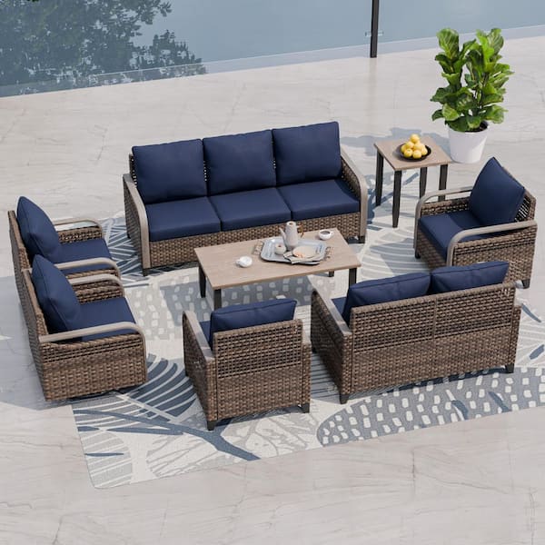 8-Piece Wicker Outdoor Patio Conversation Set with Blue Cushions, Side Table and Coffe Table