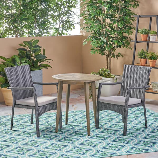 Noble House Arezzo Gray 3-Piece Wood and Plastic Outdoor Bistro Set with Gray Cushions