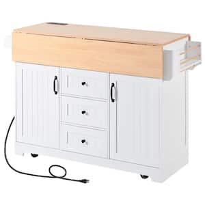 Rolling White Double Drop Leaf Wood Tabletop 56 in. Kitchen Island with Power Outlet and Adjustable Shelves