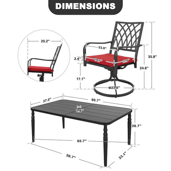 Black 7-Piece Metal Rectangle Outdoor Dining Set with Red Zippered Cushions and Umbrella Hole
