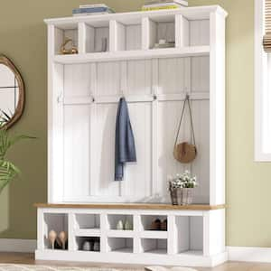 Farmhouse 78 in. H Modern Hall Tree with Wide Storage Seating Bench, 13-Compartments Elegant Coat Rack w/ 6-Hooks, White