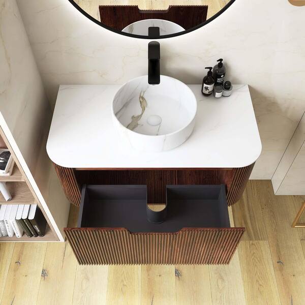 Yingze 36 in. Wall Mounted Single Sink Dark Walnut Bath Vanity