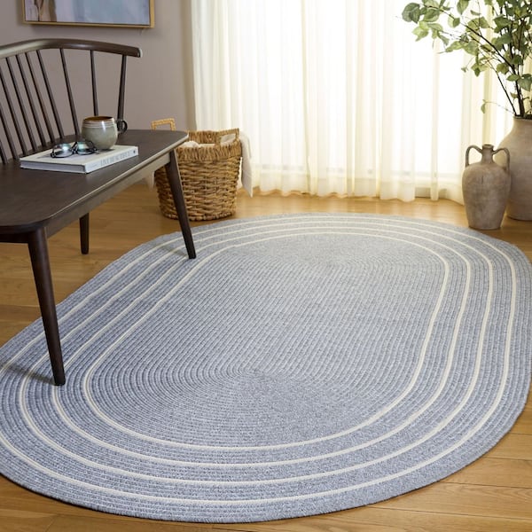 Braided 4 ft. x 6 ft. Oval Light Gray/Ivory Border Striped Modern Washable Area Rug